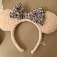 ミッキー耳カチューシャ アイボリー チェックリボン