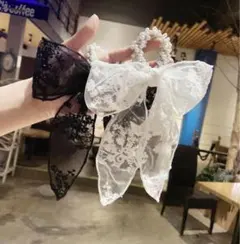 シフォン リボン ゴム レース 2個セット ヘアゴム ヘアアクセサリー 透け感