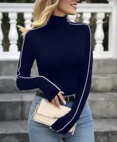 【SHEIN】 コントラストトリム モックネックカジュアル長袖Tシャツ