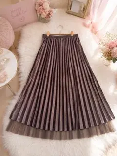 プリーツロングスカート ブラウン チュールレイヤード