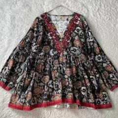 チャイハネ　yul ヨル　ブロックプリント刺繍トップス　ブラック