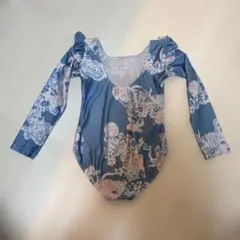 青色花柄レオタード 長袖 フリル付き