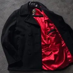 상태좋음 ■schott ピーコート 740C2 ブラック レザーパイピング 裏地赤
