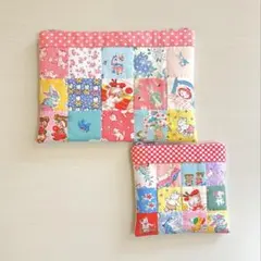 ハンドメイド　パッチワークキルト　ぺたんこポーチ　ポーチ