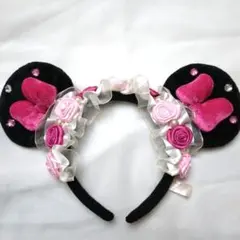 ミニー カチューシャ 花飾り バラ フリル ディズニー 花 ピンク パール