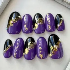 和装、振袖、成人式、古典和柄ブラック 、パープル和装ネイル