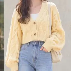 Ｖネックケーブル編み風ニットカーディガン イエロー SHEIN シーイン