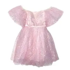 デコルテパール装飾 オフショルダー スパンコール フレアミニドレス