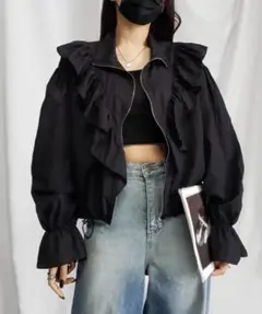 me+em select エアリーシアーフリルブルゾン ブラック