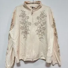 【日本3L-4L,XL】ボタニカル刺繍ジップアップスウェットパーカー アイボリー