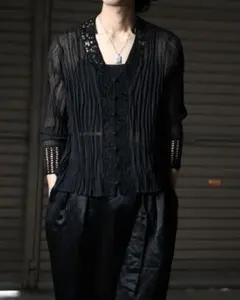 クロシェ×ランダムプリーツ ノーカラー シアー 長袖シャツ 黒 70s 80s