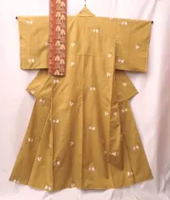 秀品 本場越後伝承紬 黄土紬 絣 身丈151cm 半巾帯 2点セット