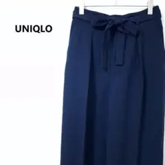 美品 ユニクロ ハイウエスト リボン ワイドパンツ きれいめ ネイビー