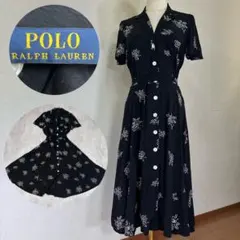 m6964【美品】ポロラルフローレン シャツワンピース ロング丈 黒 腰紐付き