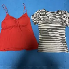 UNIQLOユニクロ　赤キャミソールとストライプTシャツ　ブラトップ　カップ付