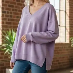 美品 ジーユー GU Vネックセーター M 紫 サイドスリット 長袖 快適