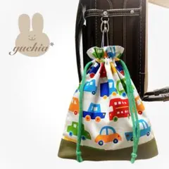 (2158)ループ付き巾着袋* クルマ柄 車 カーキ