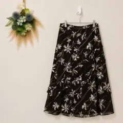 レリアン 花柄フレアスカート ブラウン M フリル ミディ丈 日本製 上品のサムネイル