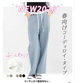 新品、春色ワイドパンツ、ストレート、ブルー、コーデュロイ、リブ