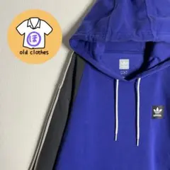 アディダス　スリーストライプ　パーカー　ブルー　ブラック　古着　ワンポイントロゴ