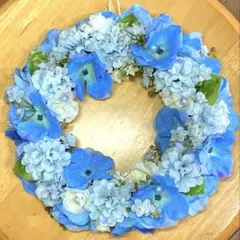 【最終お値下げ】ブルー系　紫陽花と薔薇のリース　造花　玄関リース　ハンドメイド