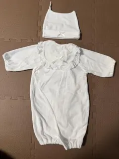 ホワイト ベビードレス 50〜60cm 帽子付き