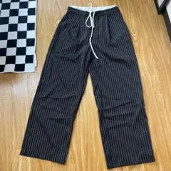 ストライプ ワイドパンツ ドローストリング付き