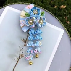 ちりめん 花 ヘアクリップ 和飾り 七五三　夏祭り　花火大会　浴衣　お揃い　水色