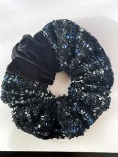 NEWブラックベロアブルーツイードシュシュ