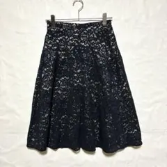 ○トゥエルブアジェンダ 花柄レース フレアスカート ウエストゴム 紺 Mのサムネイル