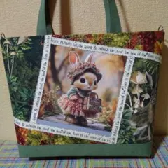 森のかわいいウサギちゃん斜め両面パネルハンドメイドトートバッグ(大きめ肩掛け)