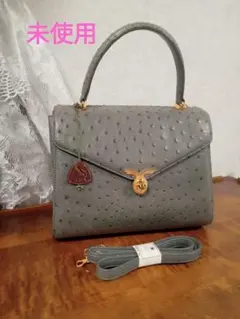 未使用 オーストリッチ ハンドバッグ JRA グレー 上品 ゴールド金具