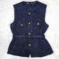 美品 ZARA ザラ テクスチャーベスト ツイード スパンコール