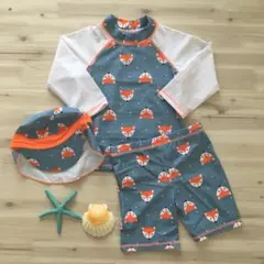 キッズ水着120(7T)ラッシュガード日除けキャップ付 キツネ柄 男の子