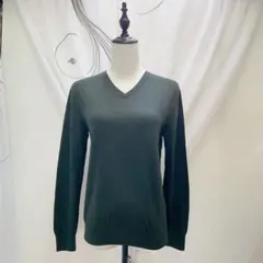 良品 ユニクロ グリーン Vネック 長袖セーター ウール100% 薄手