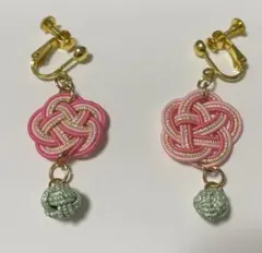 和モダン 水引イヤリング 梅結び ピンク ゴールド グリーン 春 ハンドメイド