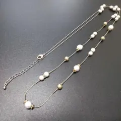 美品 コットンパール ゴールドカラー ロングネックレス パール調ビーズ ビジュー