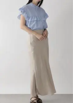 ローリーズファーム　フリルブラウス　フレンチスリーブ　ストライプ　ノースリーブ