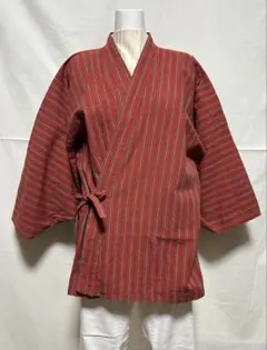 vintage　三越　朱色系　縞模様　着物　和装　割烹着　MITSUKOSHI