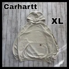 Carhartt スウェットパーカー　袖プリント　クリーム色　ゆるだぼ　XL