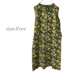 フリーサイズ　美品✨ノースリーブロングワンピ　ウエスト紐　花柄　派手色　夏コーデ