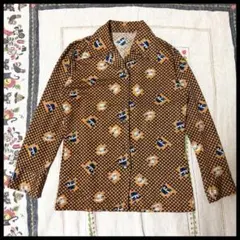 レトロ 帽子柄 オープンカラーシャツ ヴィンテージ風 ブラウン 長袖 M