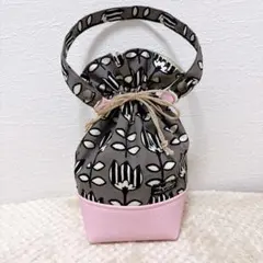 【ハンドメイド】⑦巾着バック フェイクレザー ピンク フラワー ショルダーバック