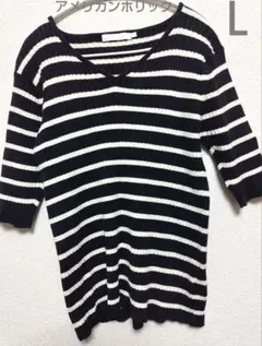 アメリカンホリック 【Ｌ】 ボーダー柄 Ｖネック ニット トップス 黒 白