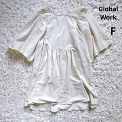 グローバルワーク　五分袖ゆったり薄手チュニック（F）体型隠し　ボリューム袖