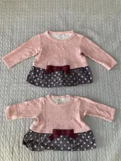 ピンクとグレーのドット柄リボン付きニットトップス　80cm と100cm