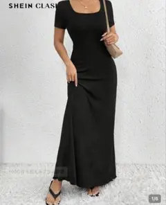 SHEIN リブニット ロングワンピース 半袖 ブラック
