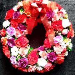 ★カーネーションと薔薇、造花リース玄関、お部屋、プレゼント、32cm、N0105
