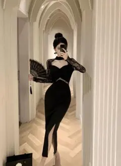 花柄ロングドレス✿シースルー袖で春夏結婚式パーティーに最適