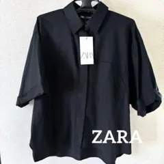 ZARA ポプリンシャツ 半袖シャツ 黒 ポケット